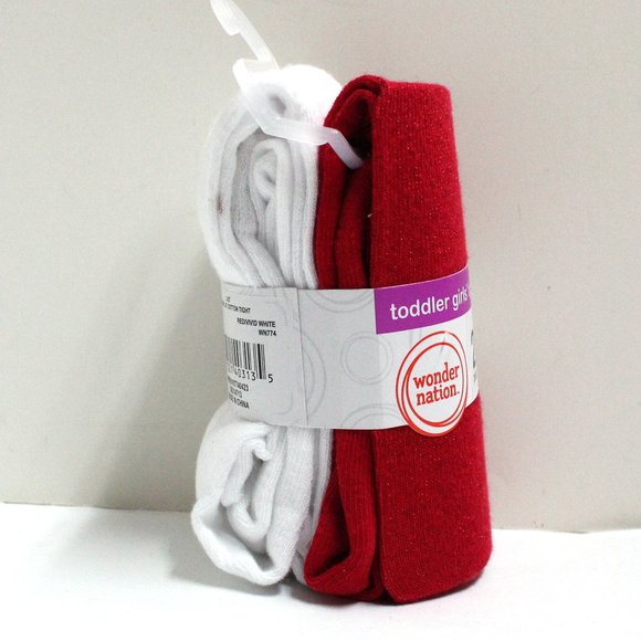 NWT 2 Pair 3T - 5T Wonder Nation Toddler Girls' Tights - 1 White 1 Red Sparkly - Picture 3 of 10